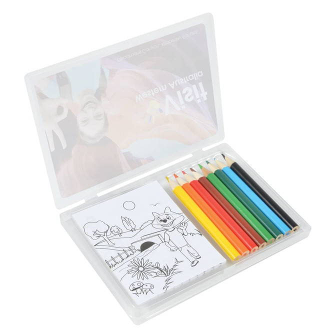 A drawing set with eight colored pencils in red, green, yellow, blue, and more, inside a translucent case with a coloring book.
