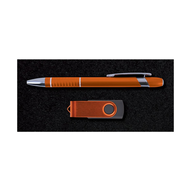 A pen and a USB flash drive are arranged on a dark background, showcasing the Alliance Gift Set.