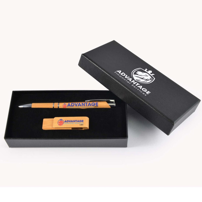 A bamboo pen and wooden clip in a black gift box, featuring a logo on both items.
