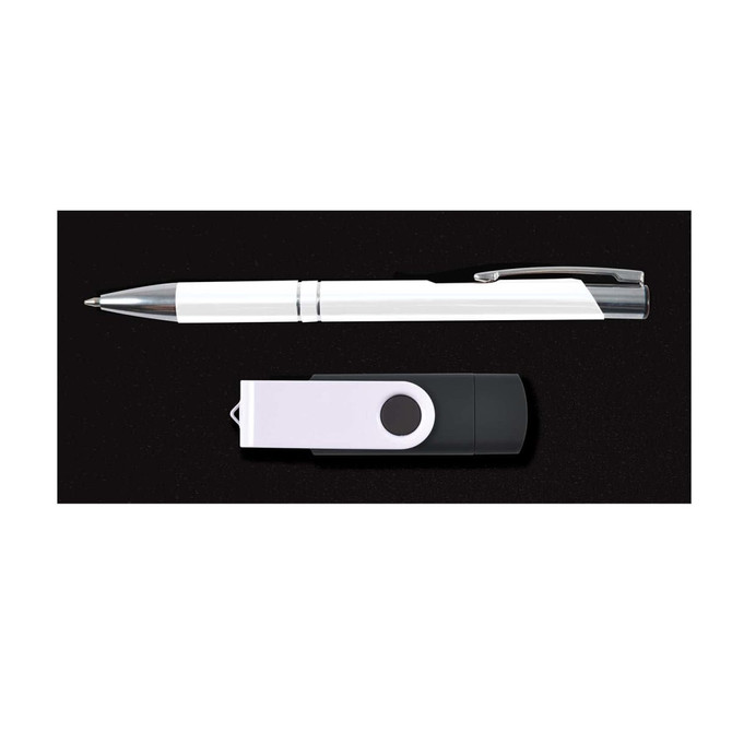 A pen and a flash drive are featured in the Cove Gift Set, showcasing sleek black and white designs.