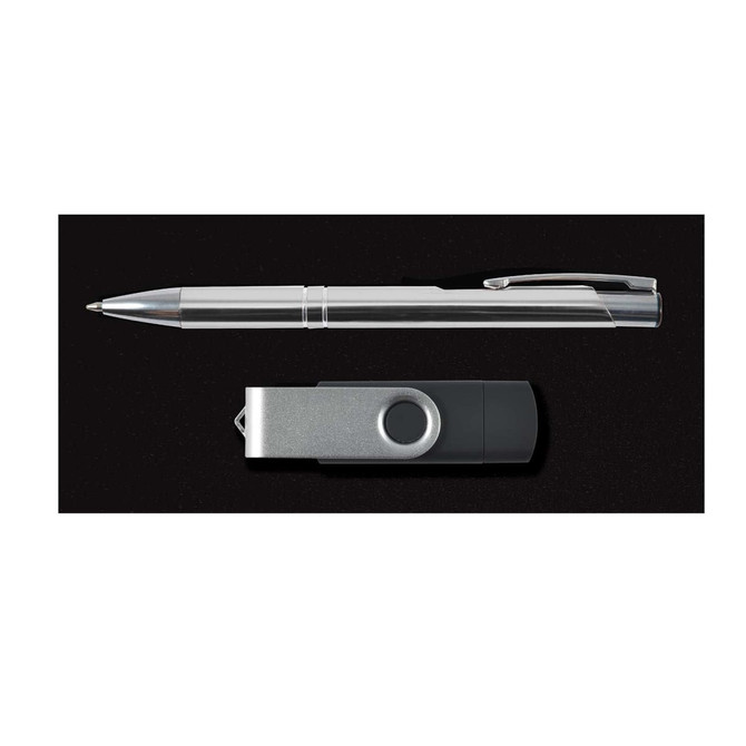 A silver pen and a gray flash drive on a black background, featuring a logo on the flash drive.