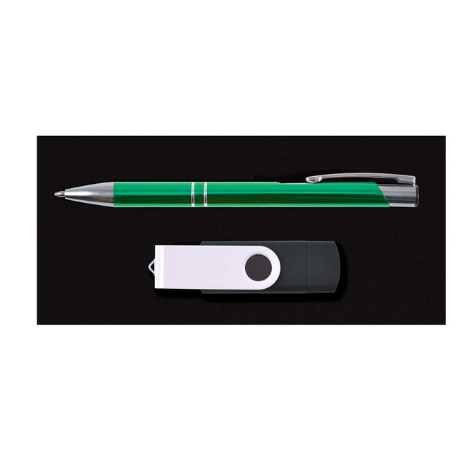 A green pen and a black and white flash drive from the Cove Gift Set.