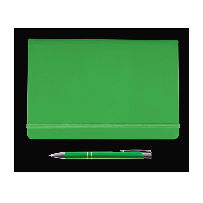 A green folder and a matching green pen are displayed together. The folder has an elastic band to keep it closed.