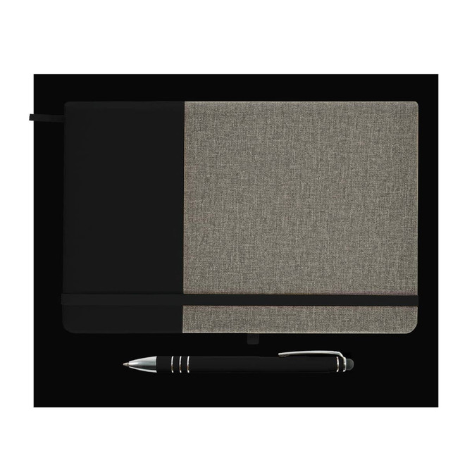A notebook featuring a textured cover in dark gray and light gray, accompanied by a sleek black pen.