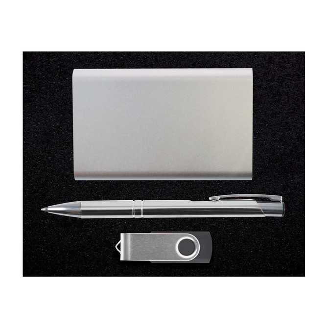 A sleek metal card holder, a silver pen, and a USB flash drive are arranged together in a minimalistic presentation.