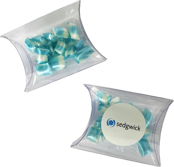 A pillow pack containing blue and white humbugs, with a logo on the clear packaging.