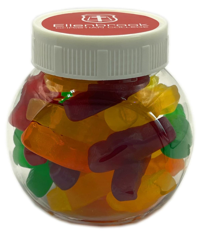 A plastic jar filled with colourful jelly babies in various shapes and shades, topped with a white lid.