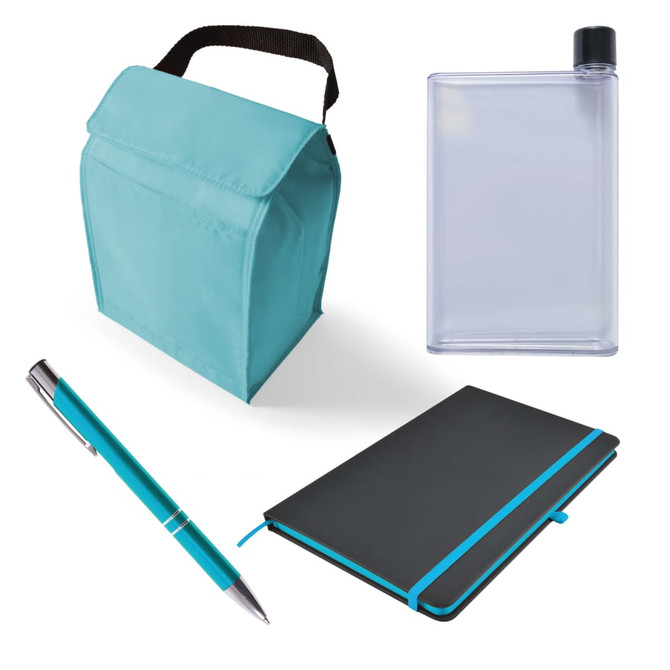 A teal cooler bag, a clear drink bottle, a black notebook with a blue elastic band, and a silver pen.