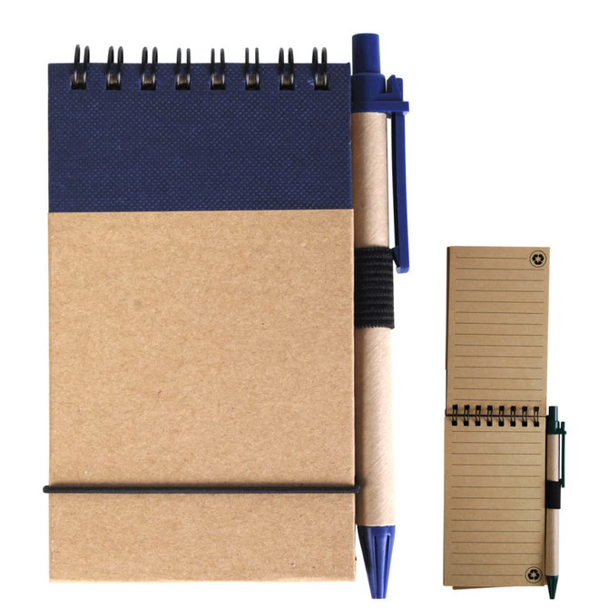 A cardboard notebook with a navy top and spiral binding, accompanied by a blue pen.