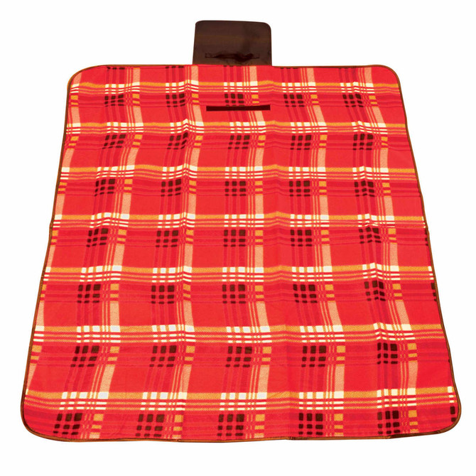 A red and black checkered picnic blanket features a handle for easy carrying and a logo in one corner.