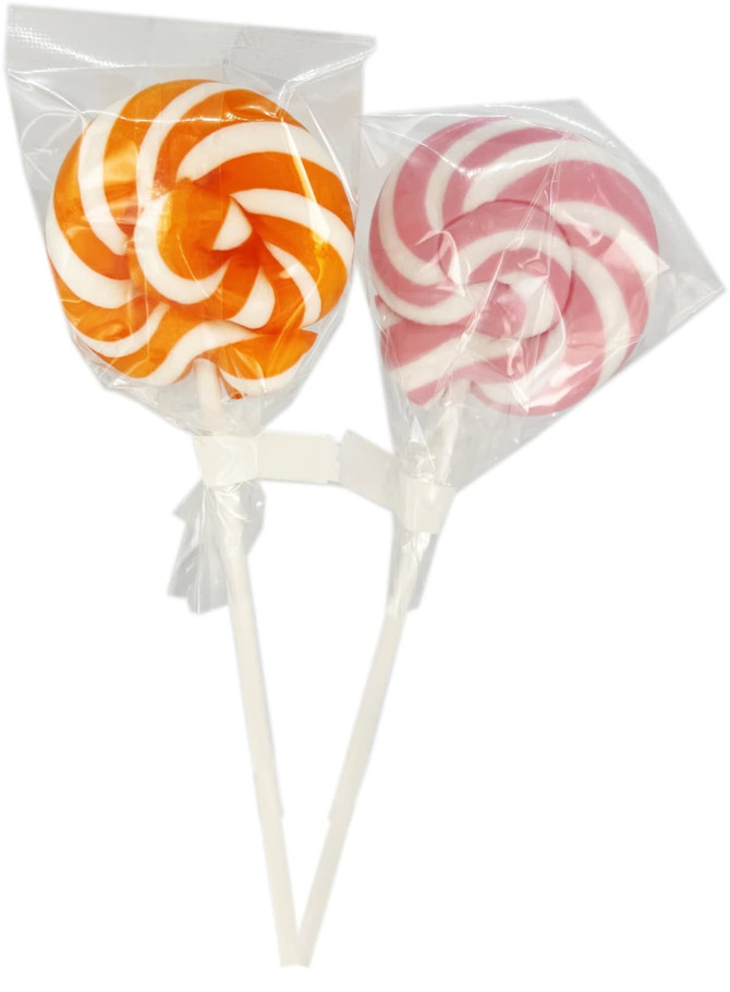 Two round lollipops, one orange and white striped, the other pink and white striped, both in clear packaging.