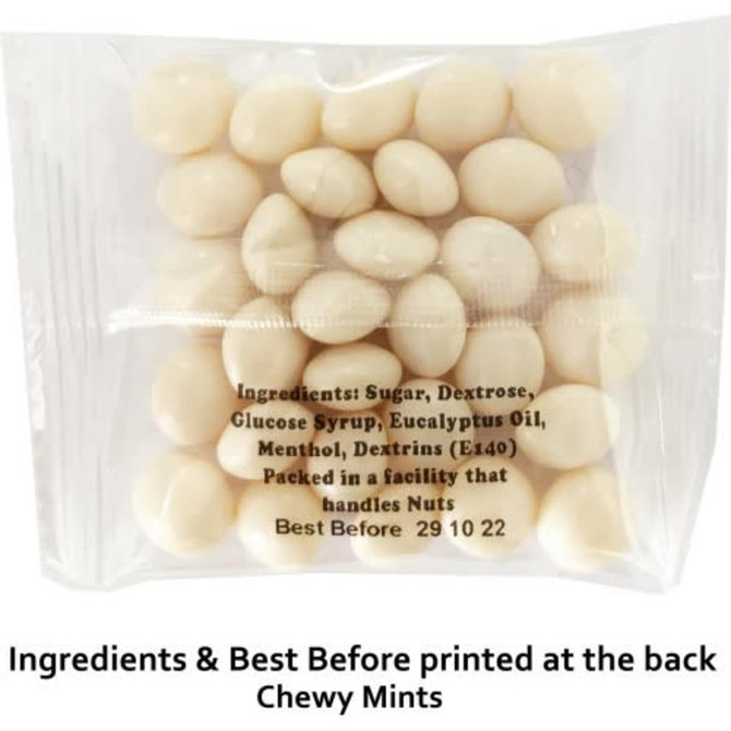 A clear packet containing white chewy mints, displaying ingredients and a logo on the packaging.
