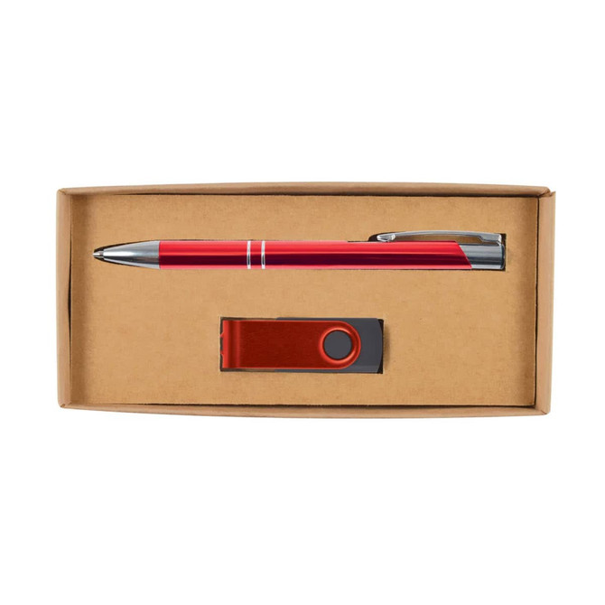 A gift set featuring a red pen and a USB flash drive, packaged in a simple cardboard box.