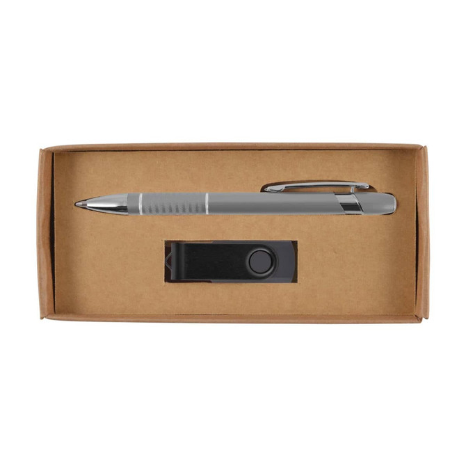 A pen and a USB drive are presented in a kraft cardboard gift set box.