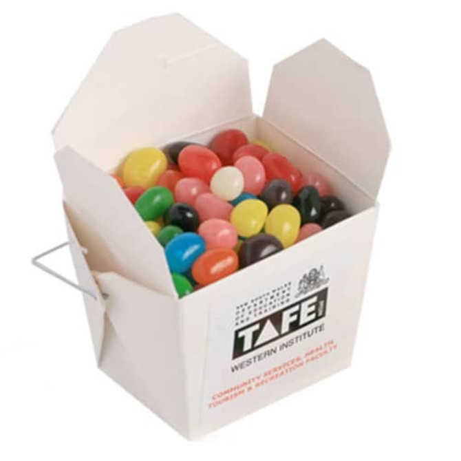 A white cardboard noodle box filled with colourful jelly beans in various shades, featuring a logo on the front.