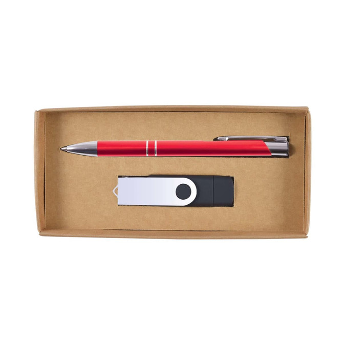 A cardboard gift set containing a red pen and a USB flash drive.