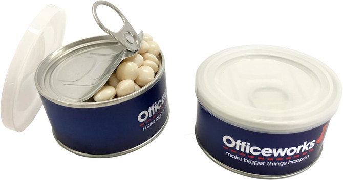 A small pull can containing white mints, featuring a blue design with a logo. Two cans are shown, one open.