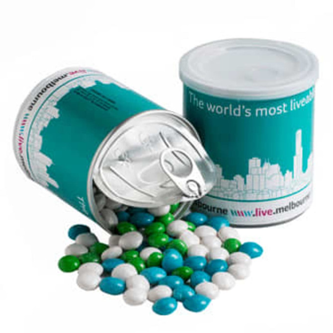 A canister filled with multi-coloured chewy fruit sweets in green, blue, and white spilling out. It features a logo design.