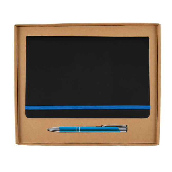 A notebook with a blue elastic band and a blue pen displayed in a cardboard gift box.