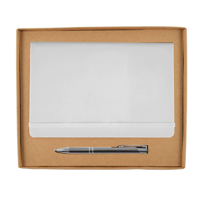A cardboard gift set featuring a notebook with a sleek white cover and an elegant silver pen.