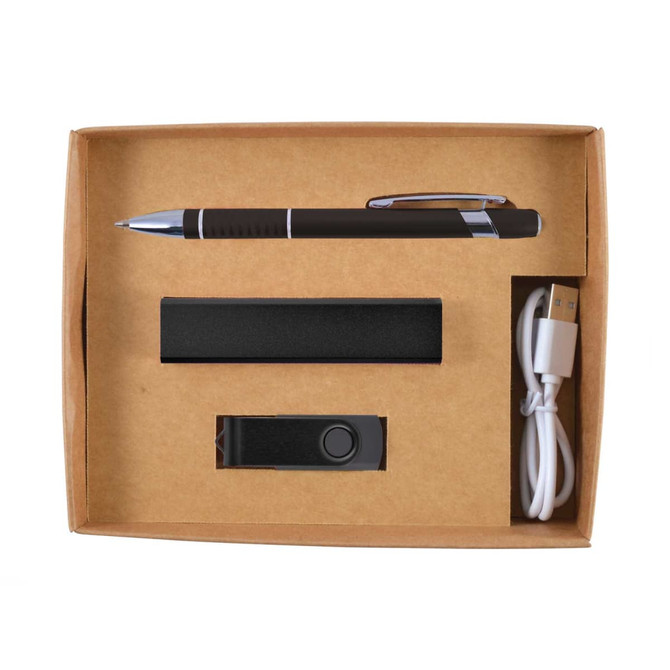 A cardboard gift box containing a black pen, a power bank, a USB flash drive, and a USB charging cable.
