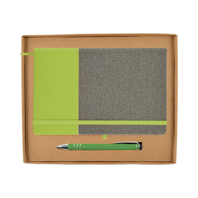 A notebook with a gray and green design and a matching green pen, presented in a cardboard gift box.