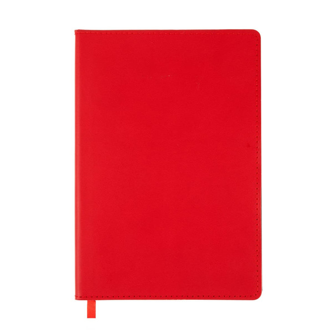 A red A5 notebook featuring a smooth cover and a ribbon bookmark.