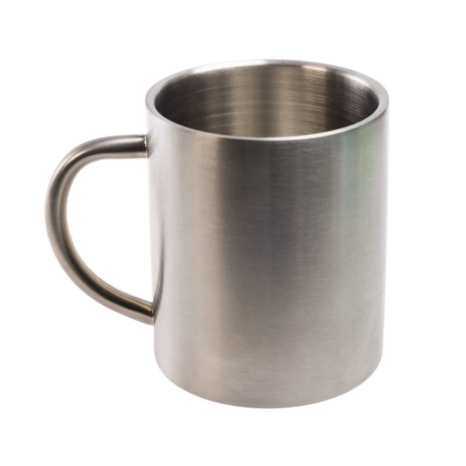 A coffee mug made of stainless steel with a sleek, matte finish and a sturdy handle.