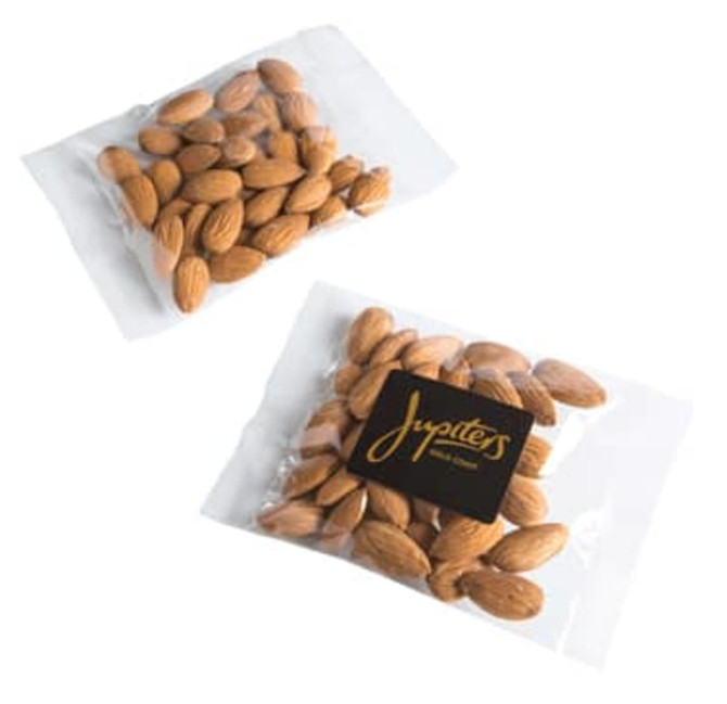 Two clear bags filled with light brown almonds, featuring black branding on one bag.