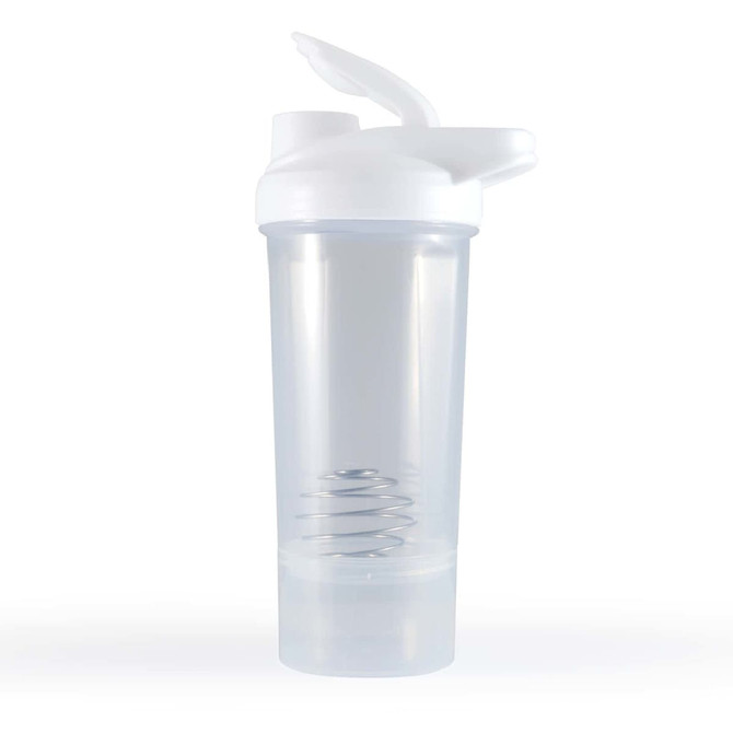 A clear protein shaker with a white lid and spout, featuring a spiral mixing ball inside.