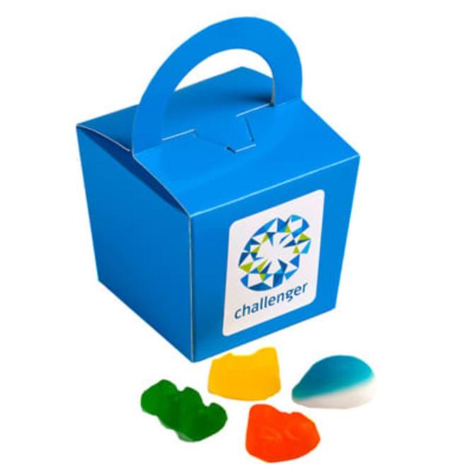 A blue coloured noodle box containing assorted mixed lollies in various shapes and colours.