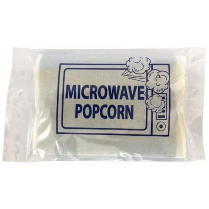 A bag of microwave popcorn, featuring an illustration of a microwave and popcorn, in a clear plastic wrapper.