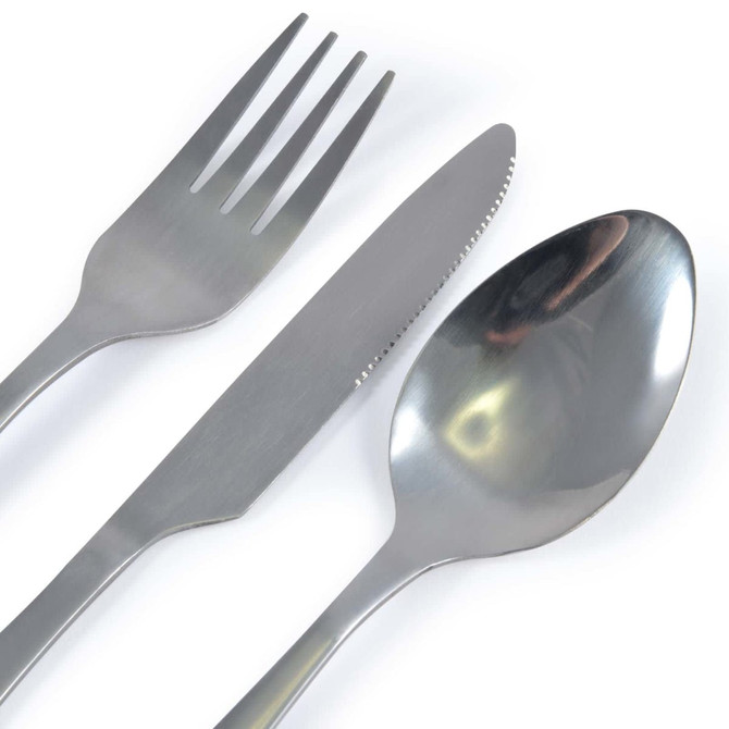 A stainless steel cutlery set including a fork, knife, and spoon, presented against a white background.