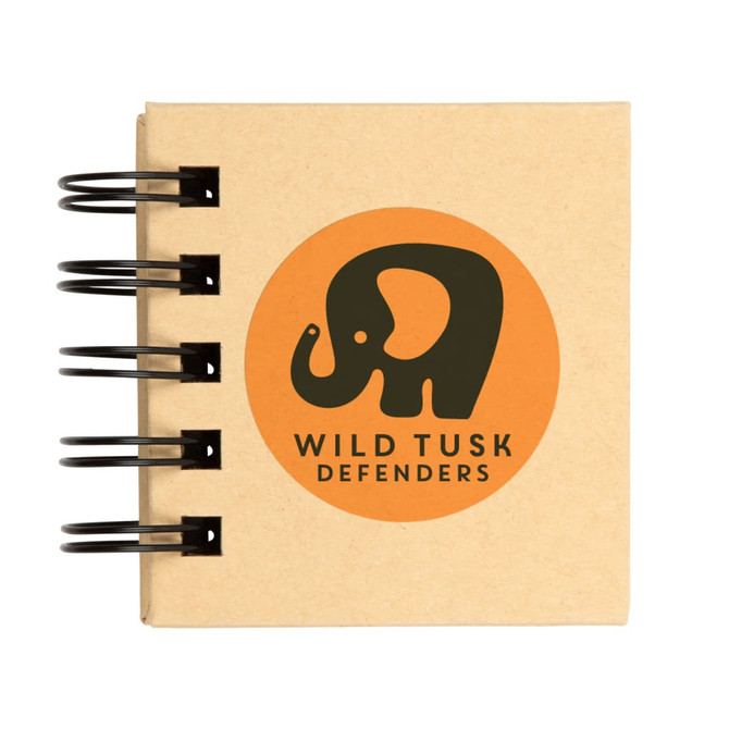 A spiral-bound sticky note pad featuring a tan cover with an elephant logo and a branding circle.