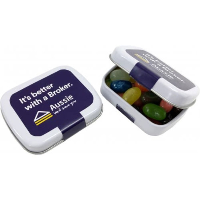 A small rectangle tin filled with colourful Jelly Belly jelly beans, featuring a branded lid.