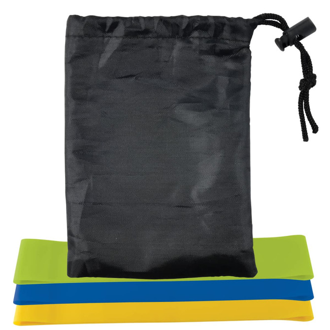 Three resistance bands in green, blue, and yellow stacked beneath a black storage pouch with a drawstring.