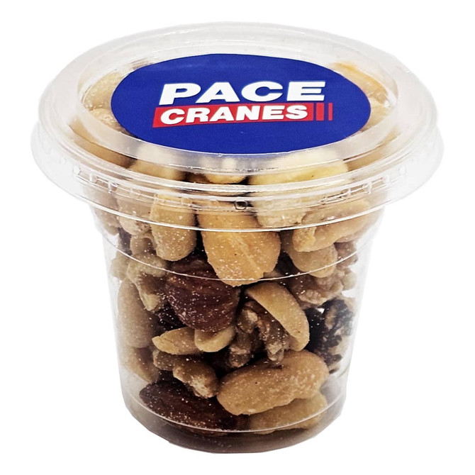 A tub filled with mixed nuts including almonds, peanuts, and walnuts, in a clear plastic container.