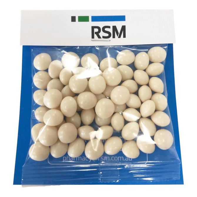 A blue bag containing numerous white mint candies, along with a logo on the top.