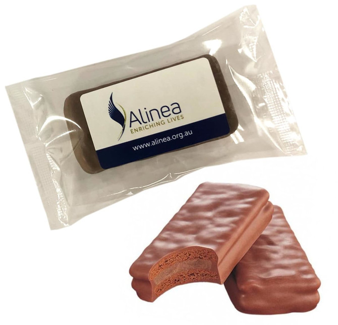 A chocolate-covered biscuit with a creamy centre, packaged in a plastic wrapper, featuring a logo.