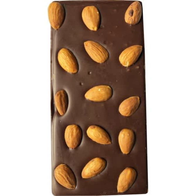 A chocolate bar featuring a dark brown coating with scattered whole almonds on top. It has a branded logo.