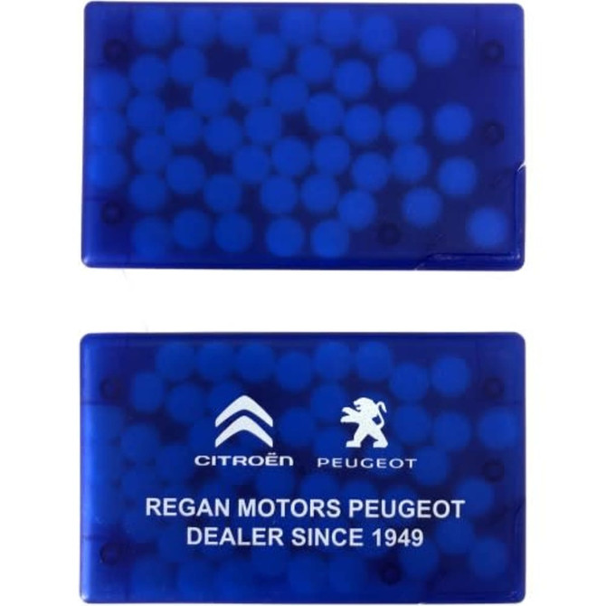 A blue mint card featuring a dot pattern, with branding on one side and a logo present.