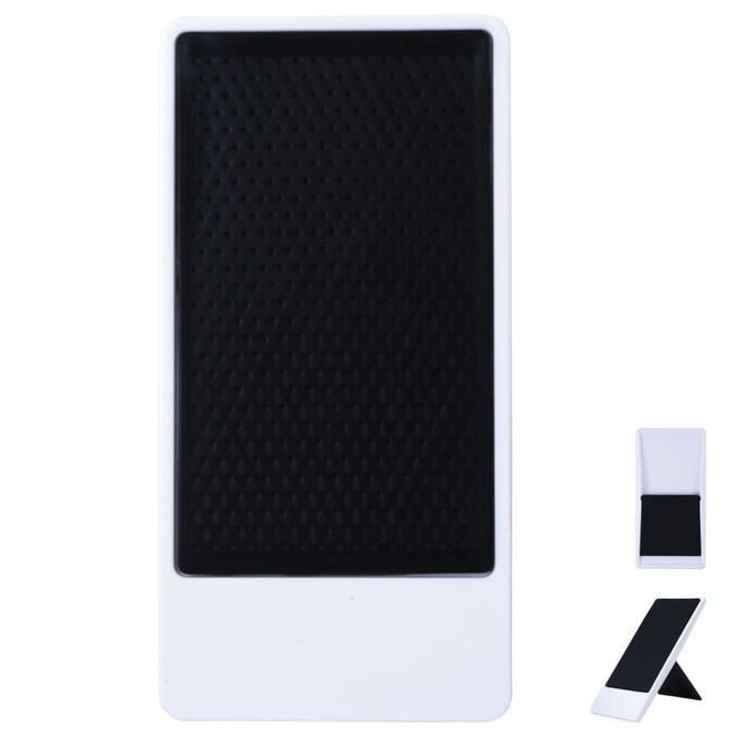 A white phone holder with a textured black surface, featuring a collapsible stand for stability.