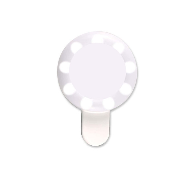 A round LED selfie light with a clip attachment, featuring multiple light settings for enhanced illumination.