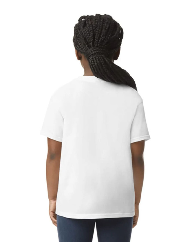 A youth short sleeve T-shirt in white, viewed from the back, featuring a logo.