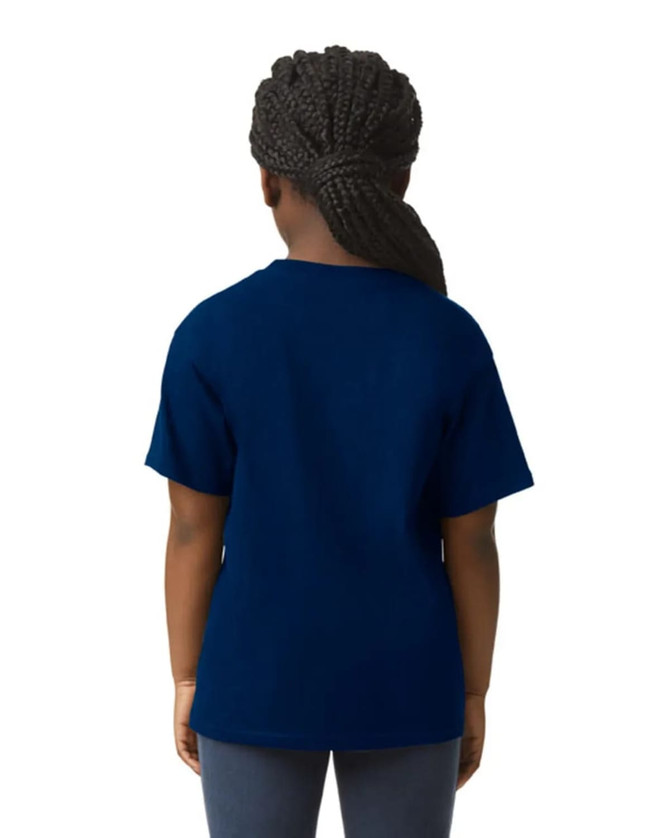 A navy blue youth short sleeve t-shirt viewed from the back, featuring a logo.
