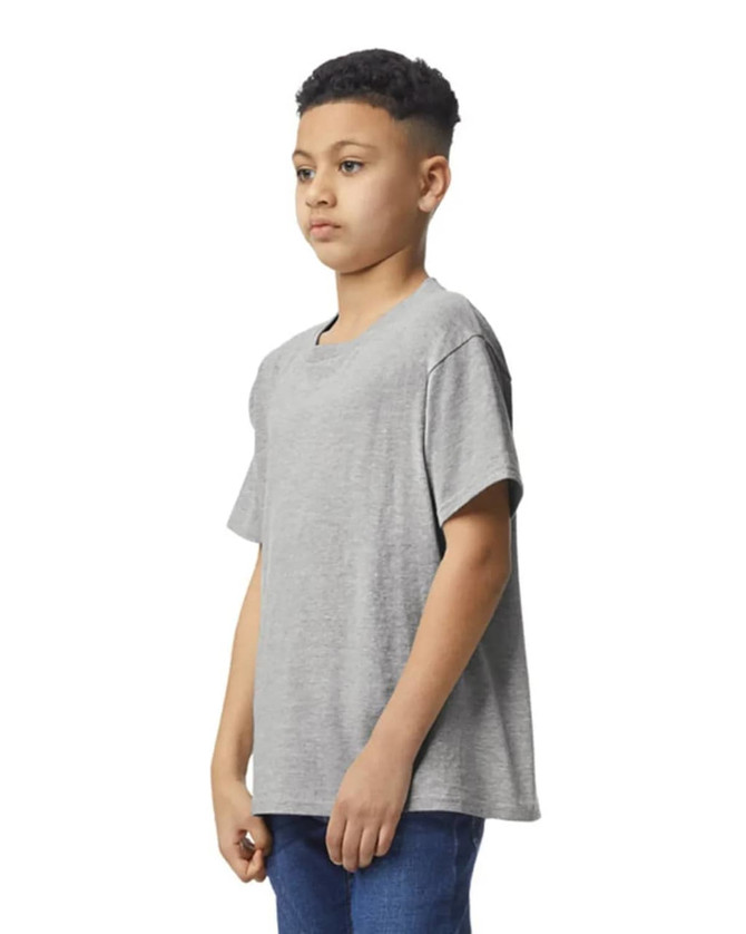 A grey youth short sleeve T-shirt with a relaxed fit, featuring a simple design and a logo.