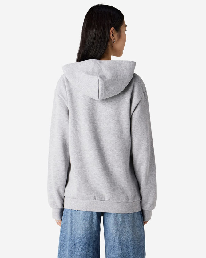 A unisex full zip hooded sweatshirt in grey, featuring a hood at the back and a logo.