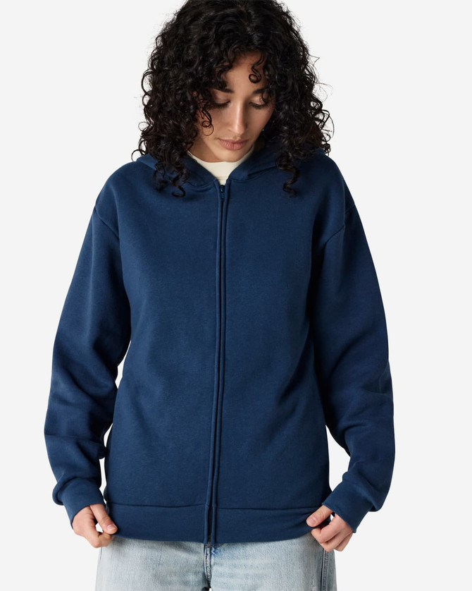 A navy unisex full zip hooded sweatshirt with a relaxed fit and a logo on the front.