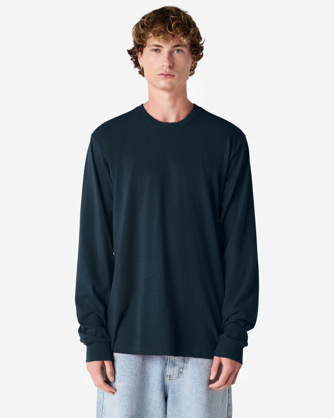 A long sleeve t-shirt in dark blue with a simple design and a logo on the front.