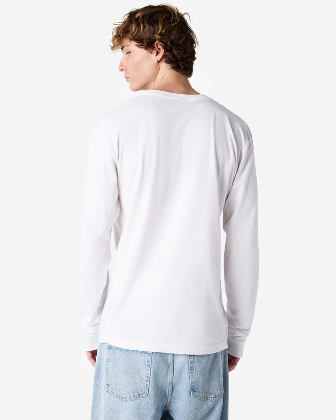 A white long sleeve T-shirt displayed from the back, featuring a simple design and a logo.